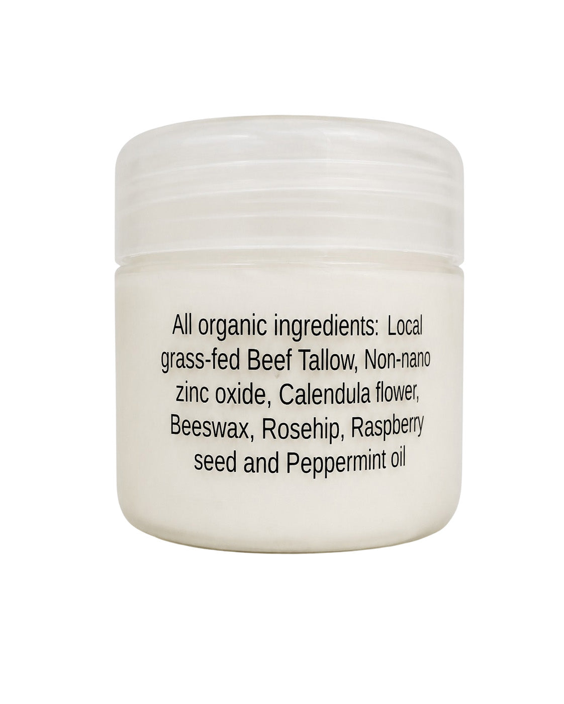 A white plastic jar with a ribbed screw-top lid, featuring black text on the front listing organic ingredients including beef tallow, zinc oxide, calendula, beeswax, rosehip, raspberry seed, and peppermint oil.