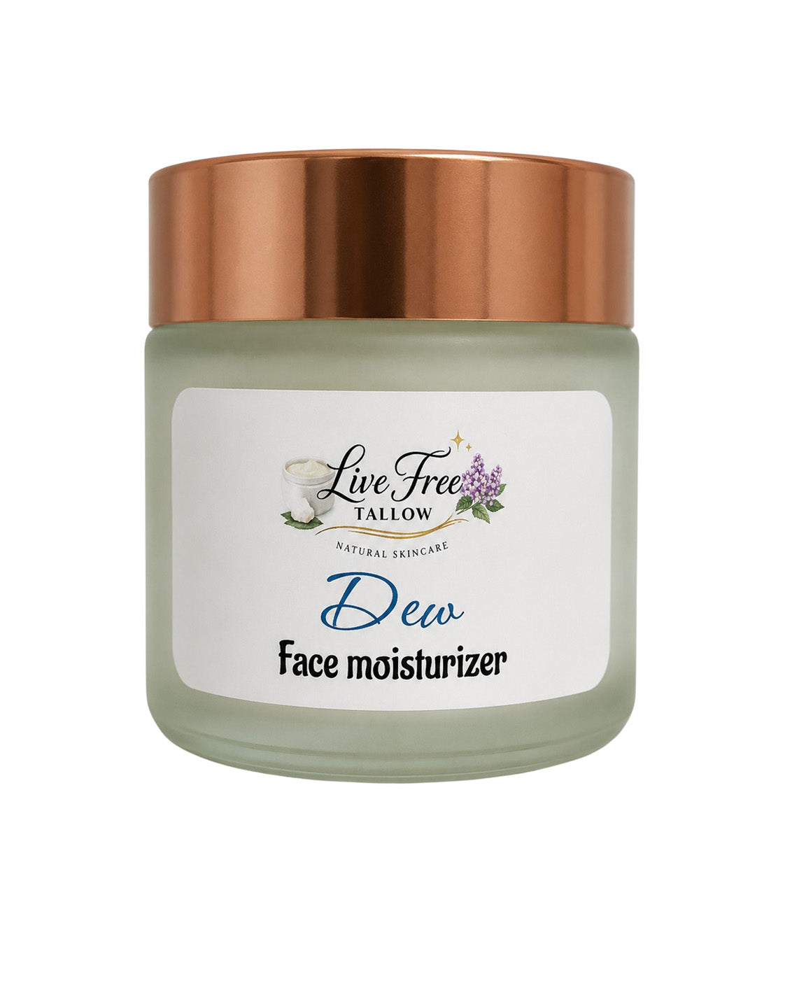 A jar of Live Free Tallow Dew Face Moisturizer with a frosted light green glass container, a metallic copper lid, and a white label with blue and black text.