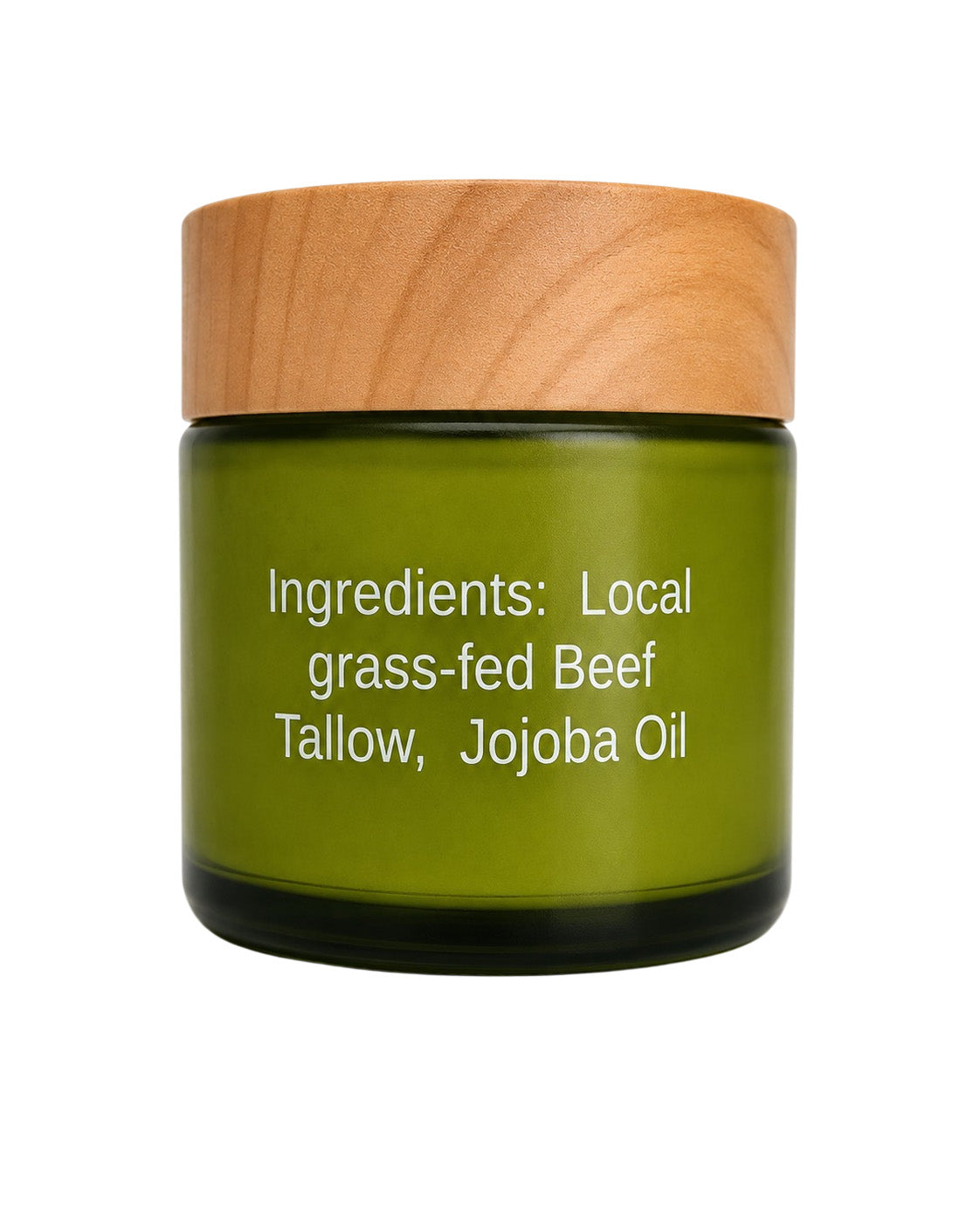 An olive green cosmetic jar with a light wood-grain lid, featuring white text that reads 'Ingredients: Local grass-fed Beef Tallow, Jojoba Oil' on a plain white background.