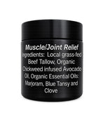 Black Muscle/Joint Relief balm jar with ingredient label on a transparent background.