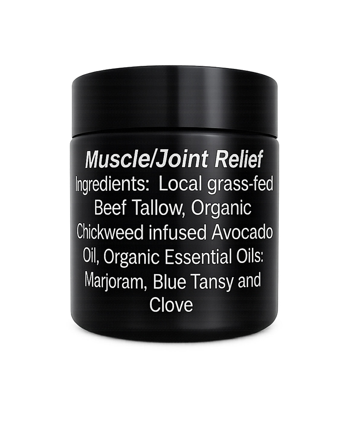 Black Muscle/Joint Relief balm jar with ingredient label on a transparent background.