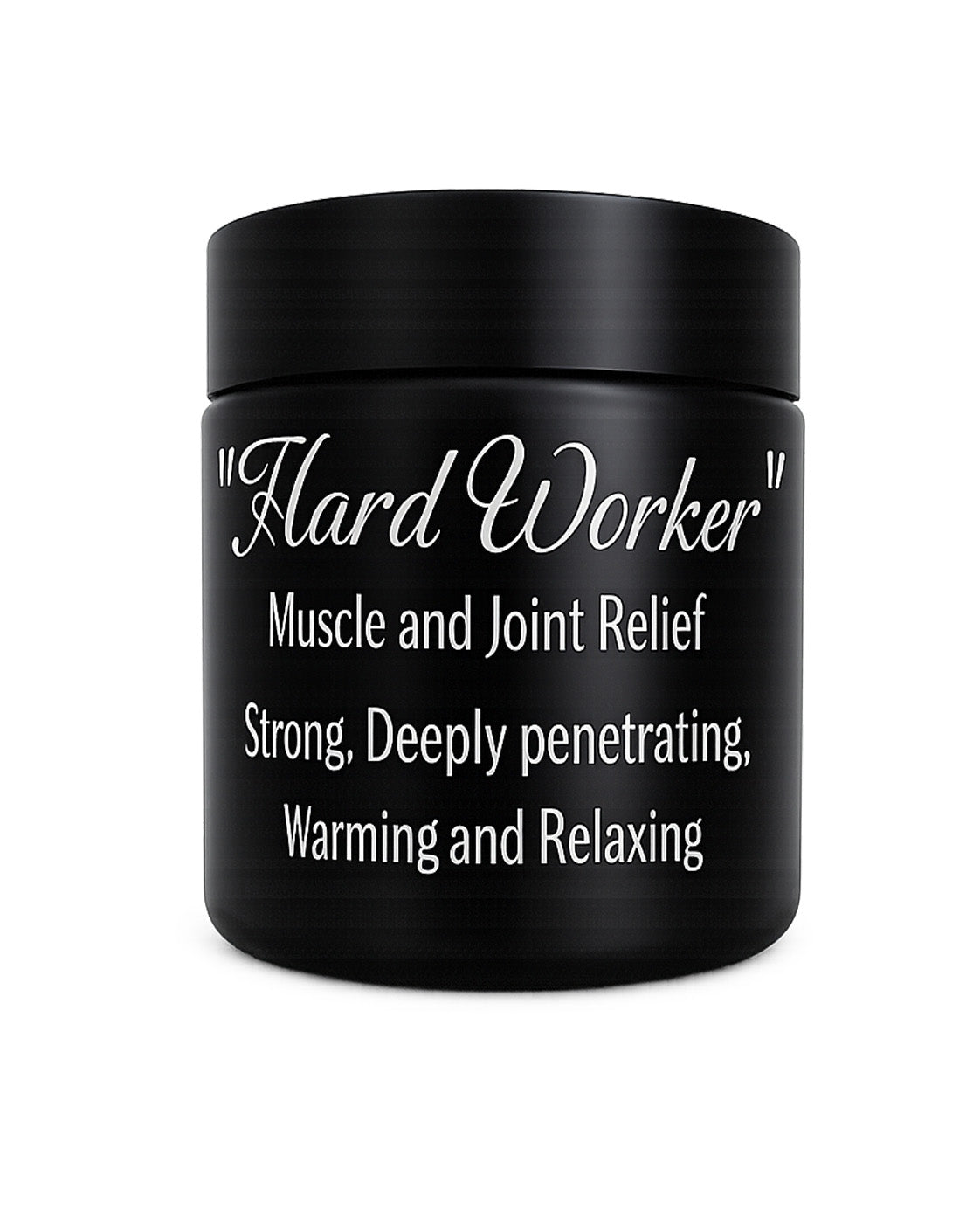 Black Muscle/Joint Relief balm jar with ingredient label on a transparent background.