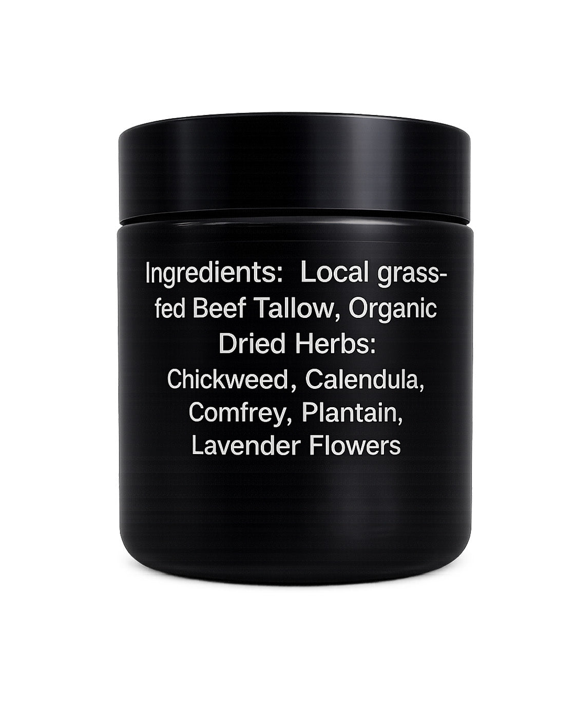 Black balm jar with herb-infused tallow ingredients label on white background.