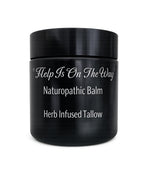 Black balm jar with herb-infused tallow ingredients label on white background.