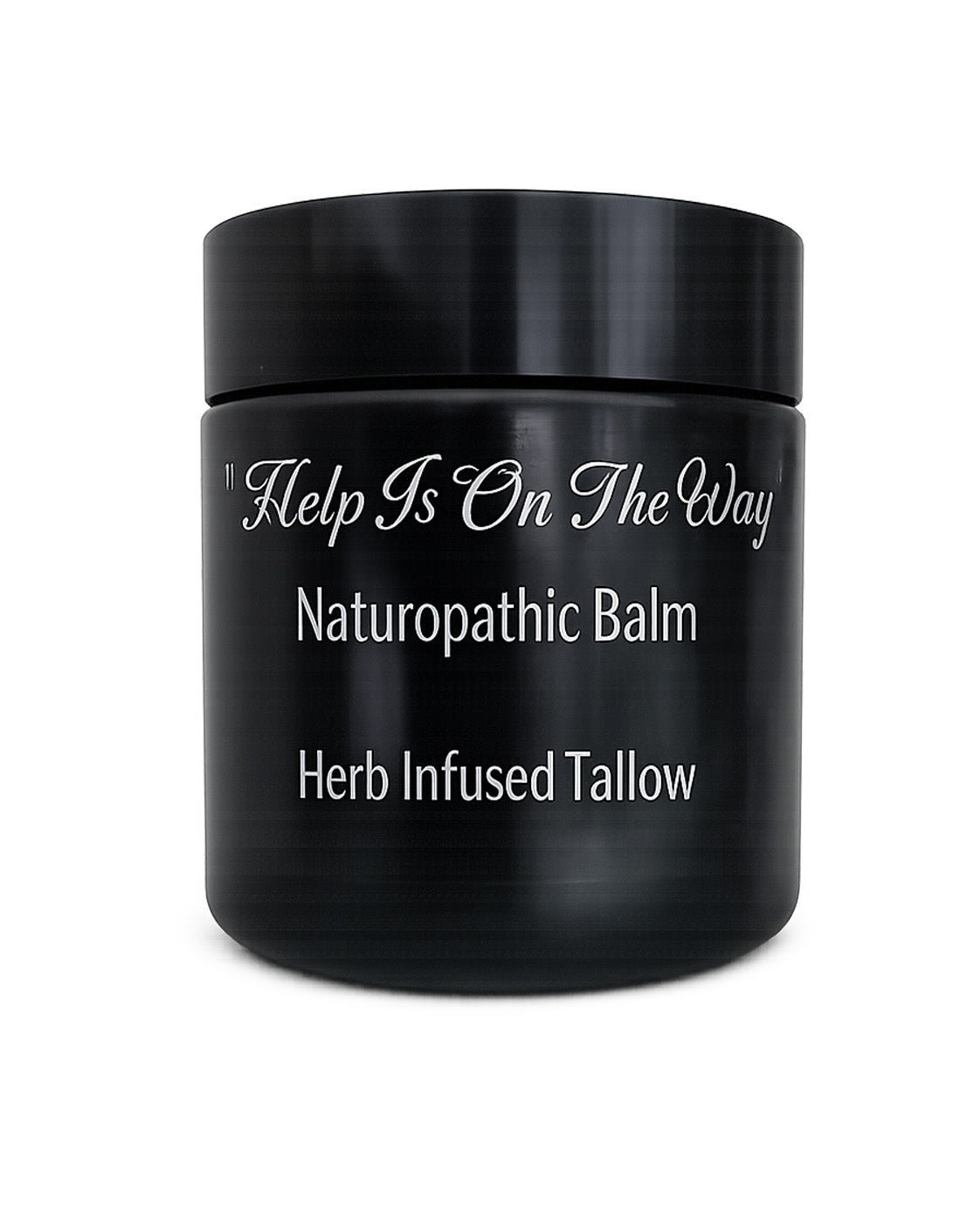Black balm jar with herb-infused tallow ingredients label on white background.