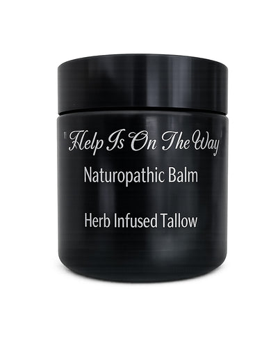 Black balm jar with herb-infused tallow ingredients label on white background.