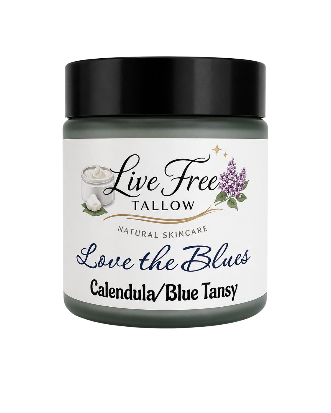 A jar of Live Free Tallow Natural Skincare 'Love the Blues' Calendula/Blue Tansy cream, featuring a white label with black and blue text and illustrations, and a black lid, on a white background.