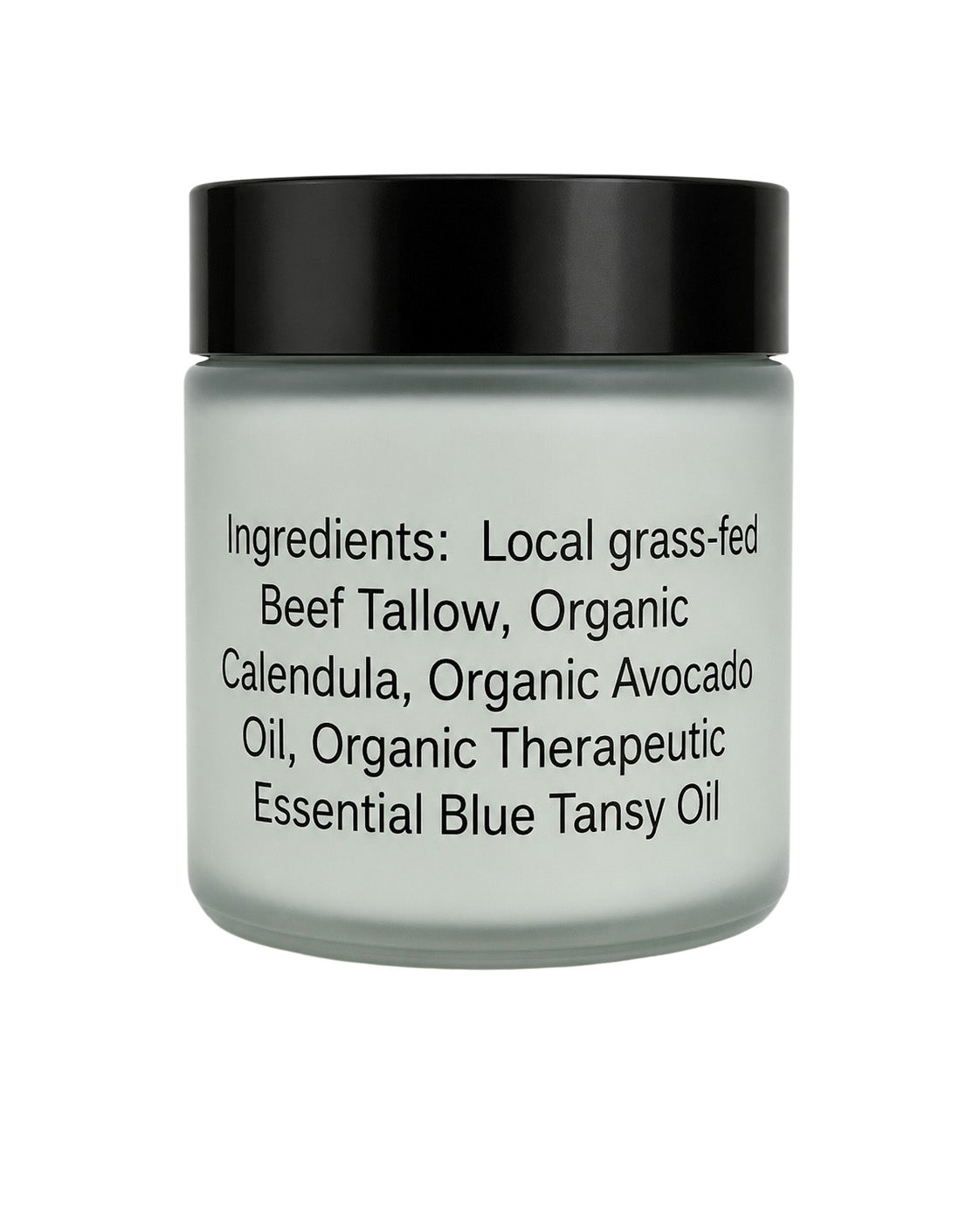 A jar of beef tallow body cream with a black lid and frosted glass container, showing the ingredients list on the front against a white background.
