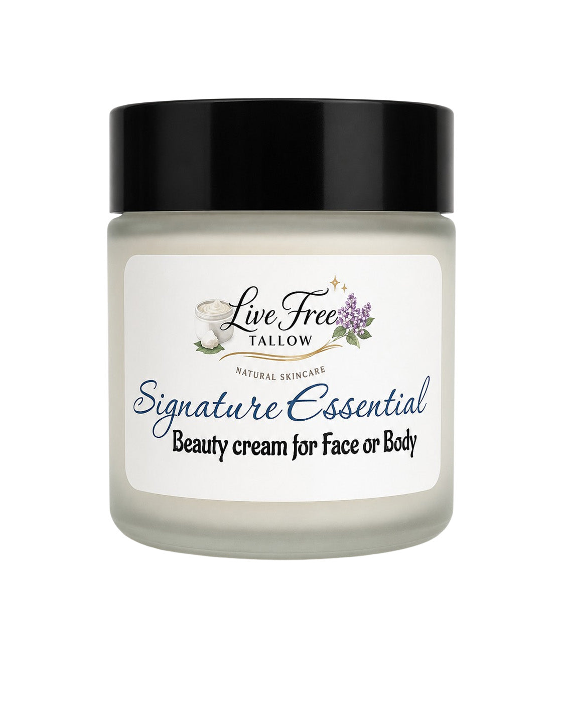 A jar of Live Free Tallow Signature Essential Beauty cream for face or body, featuring a black lid and a white label with blue and black text.