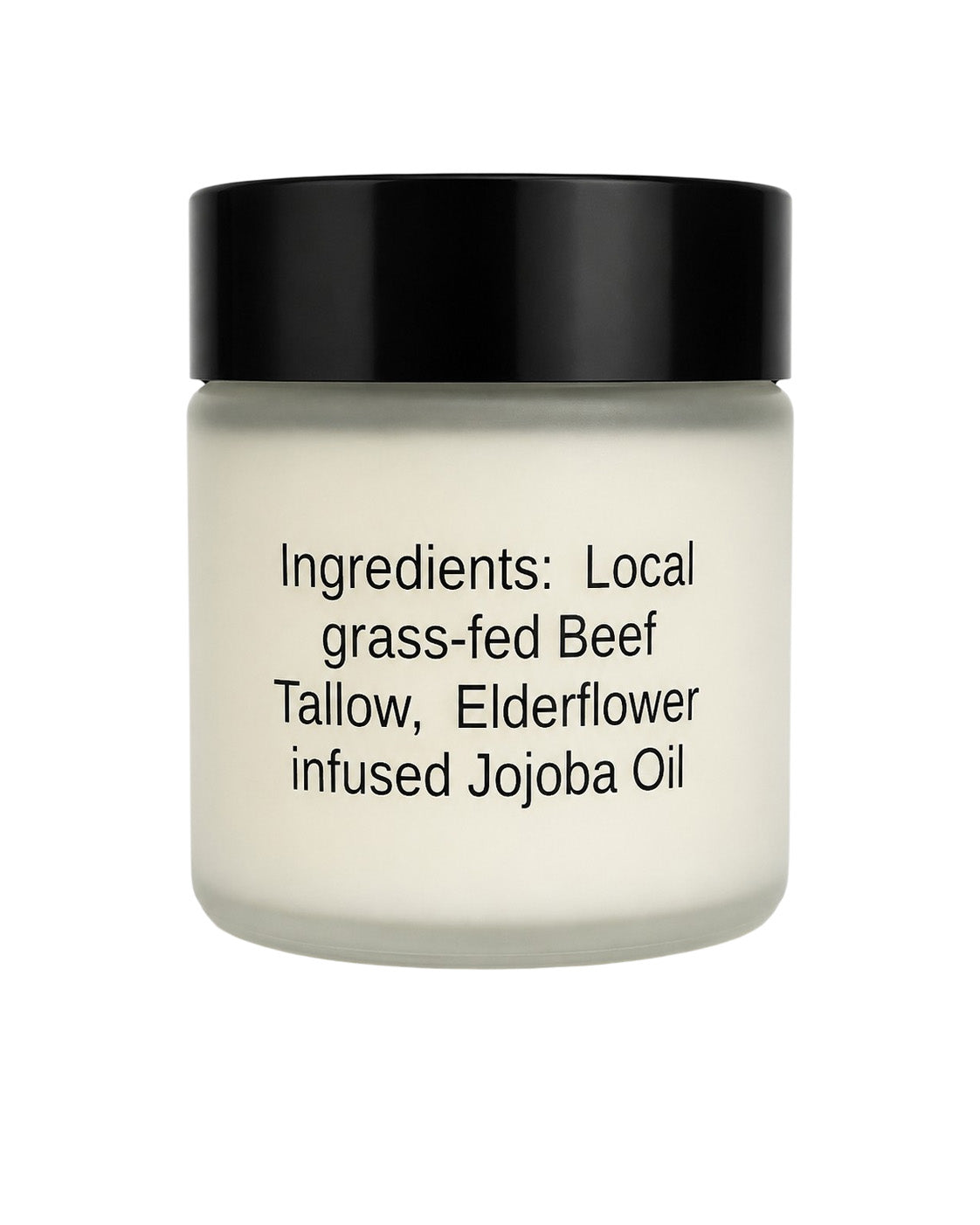 A frosted glass jar of beef tallow skincare cream with a black lid, featuring black text on the front detailing the ingredients.